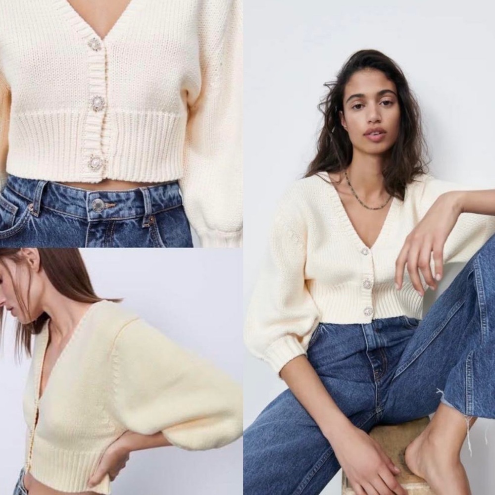 ZARA knit cropped cardigan with jewel buttons size medium